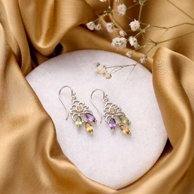 Alternate image for Peridot Citrine Amethyst Silver Jali Chandelier Earrings Celestial Bloom