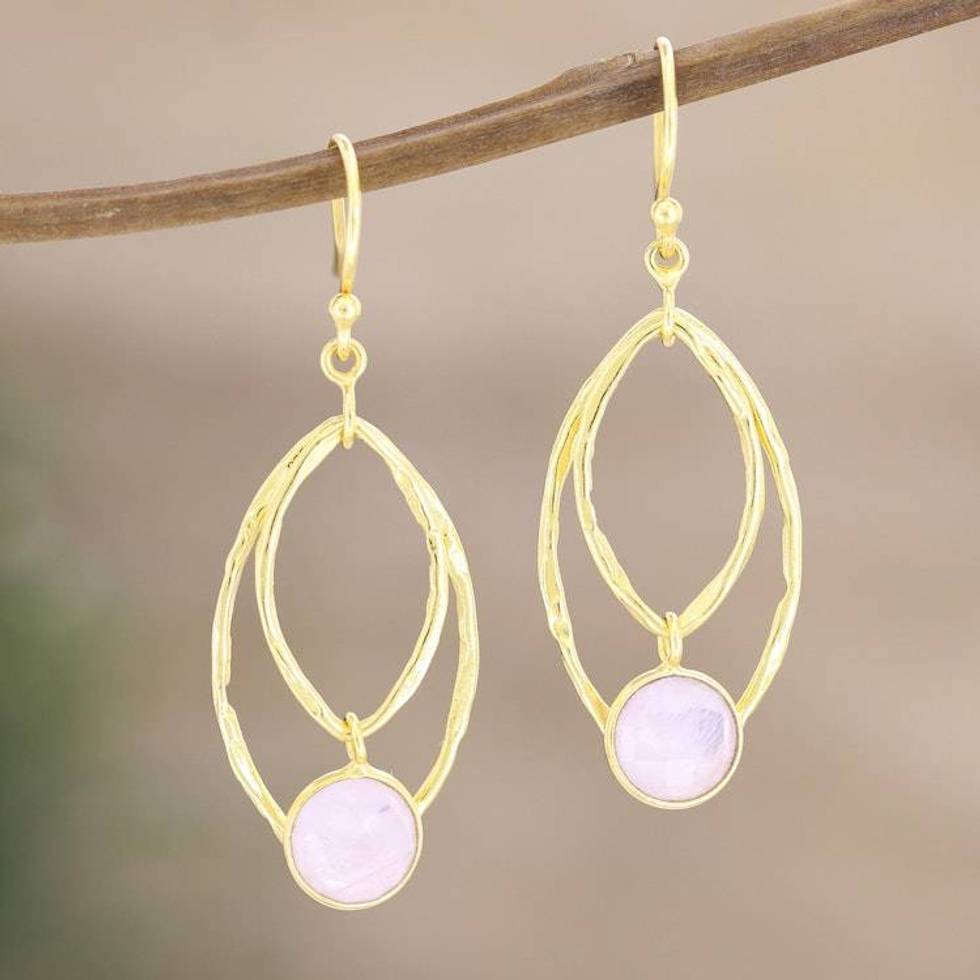 Hand Crafted Gold-Plated Rose Quartz Dangle Earrings 'Private Eyes'