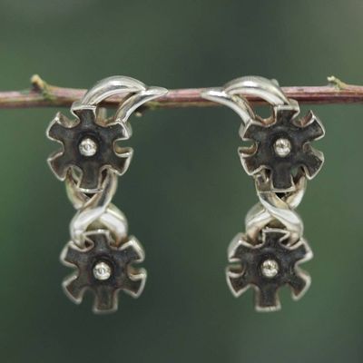 Alternate image for Floral Sterling Silver Drop Earrings with Antique Finish Twin Blossoms