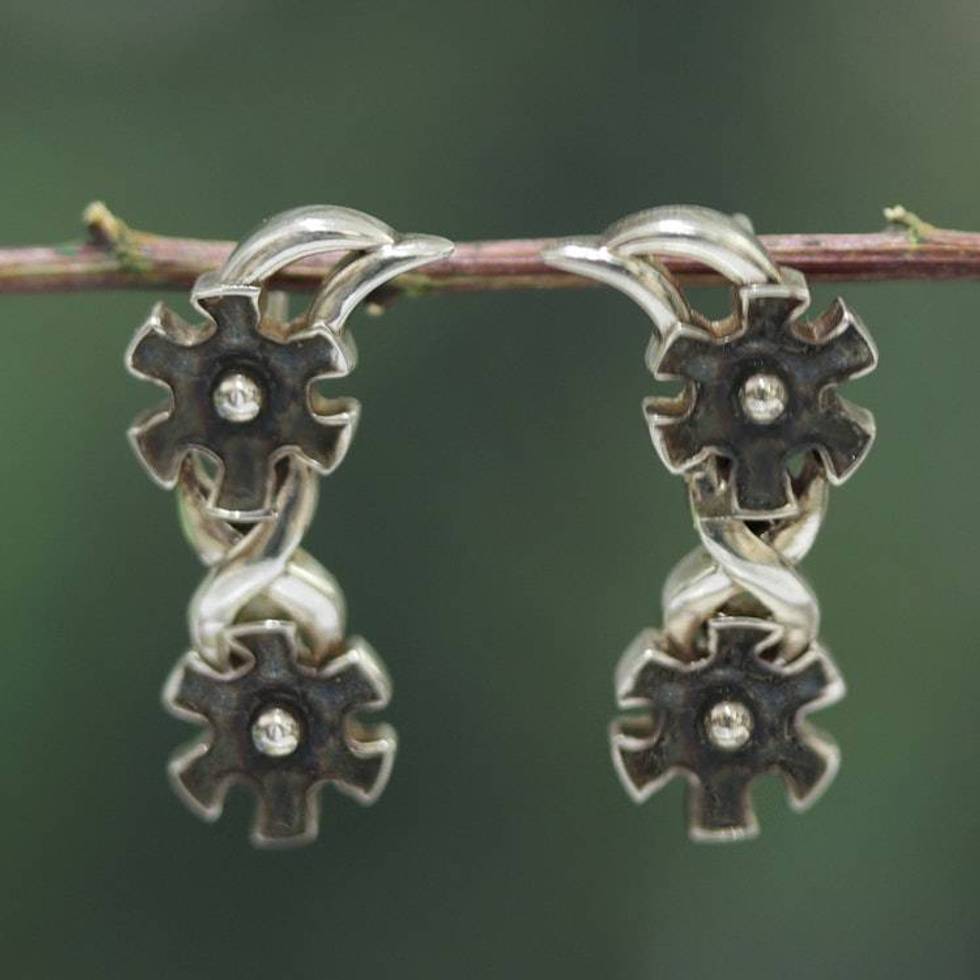 Floral Sterling Silver Drop Earrings with Antique Finish 'Twin Blossoms'