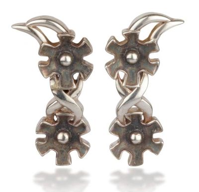 Alternate image for Floral Sterling Silver Drop Earrings with Antique Finish Twin Blossoms