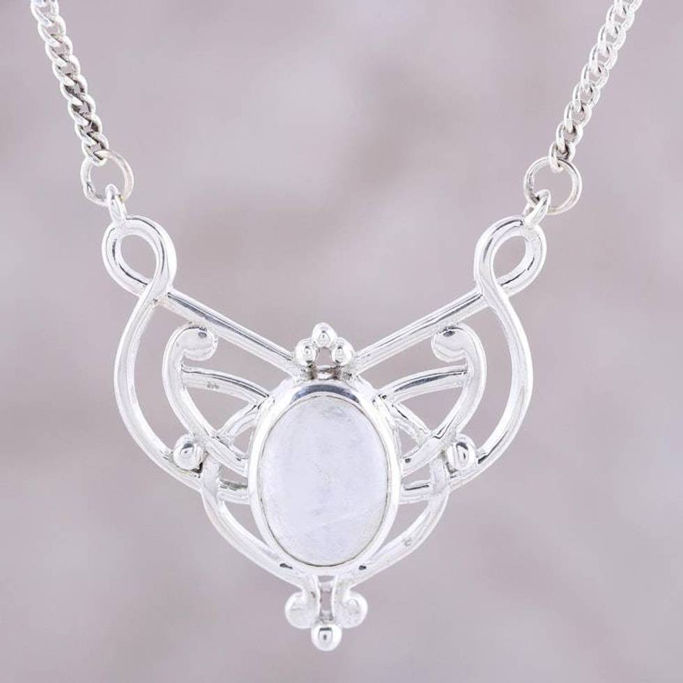 Oval Rainbow Moonstone and Sterling Silver Pendant Necklace 'Moonrise Queen'