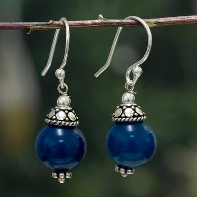 Alternate image for Folk Art-Inspired Peacock Blue Dangle Earrings from India Peacock Light