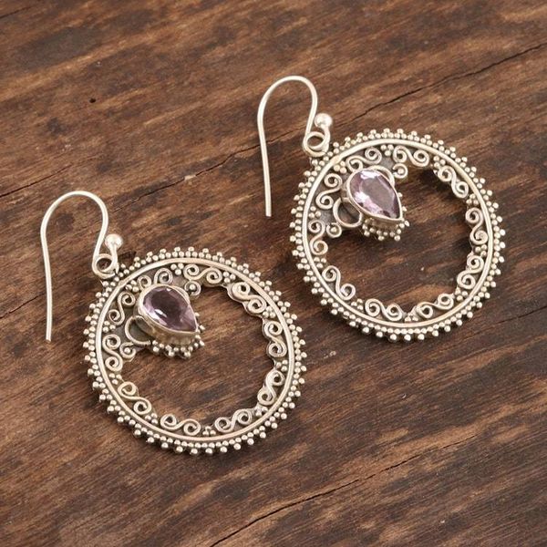 Alternate image for Hand Crafted Amethyst and Sterling Silver Dangle Earrings Lavender Loop