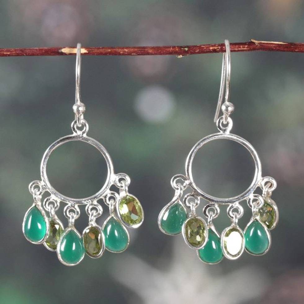 Green-Palette 3-Carat Onyx and Peridot Chandelier Earrings 'Under The Forest'