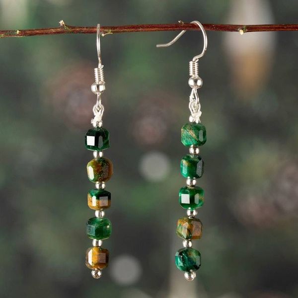 Alternate image for Beaded Dangle Earrings with 10 Green Tigers Eye Gemstones Mossy Gleam
