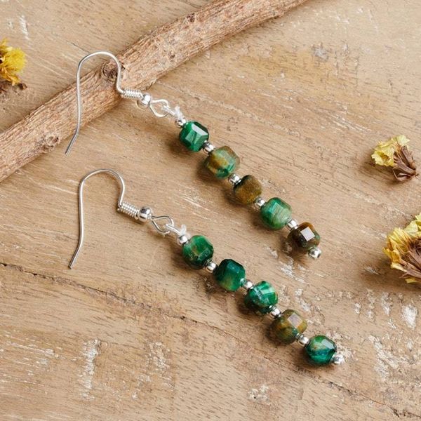 Alternate image for Beaded Dangle Earrings with 10 Green Tigers Eye Gemstones Mossy Gleam