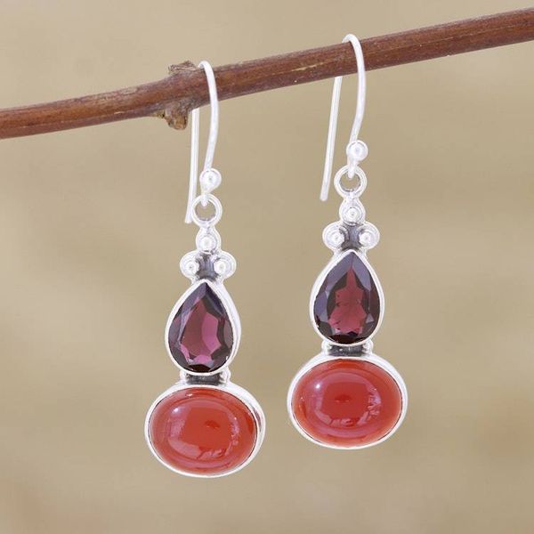Alternate image for Carnelian and Garnet Sterling Silver Dangle Earrings Sparkling Red