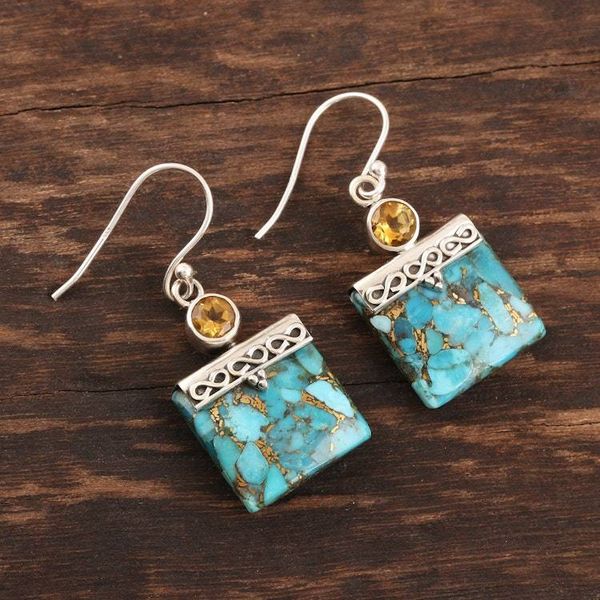 Alternate image for Composite Turquoise and Citrine Silver Dangle Earrings Glory in Gold