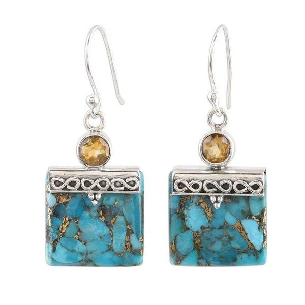 Alternate image for Composite Turquoise and Citrine Silver Dangle Earrings Glory in Gold