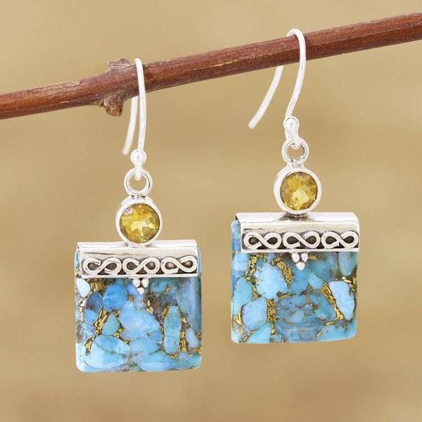 Alternate image for Composite Turquoise and Citrine Silver Dangle Earrings Glory in Gold