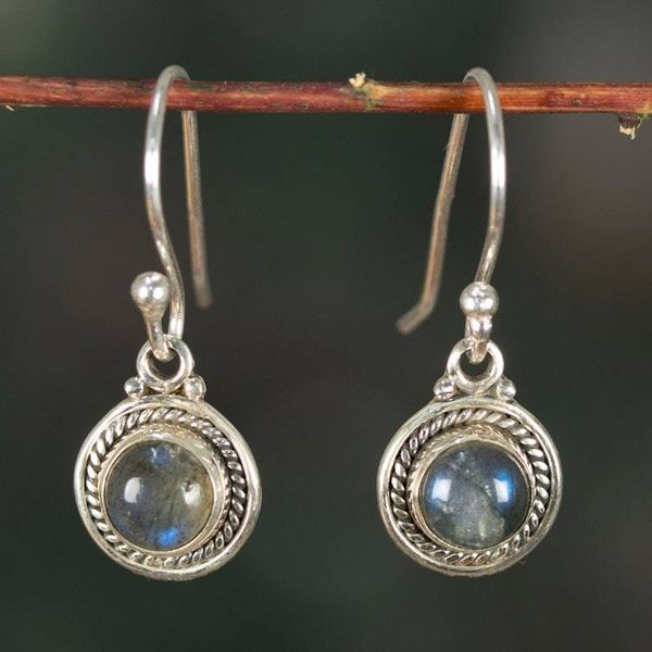 Alternate image for Folk Art Moon-Inspired Natural Labradorite Dangle Earrings Mystic Moon