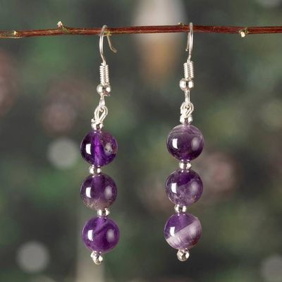 Alternate image for Beaded Dangle Earrings with 6 Round Amethyst Gemstones Purple Zeal