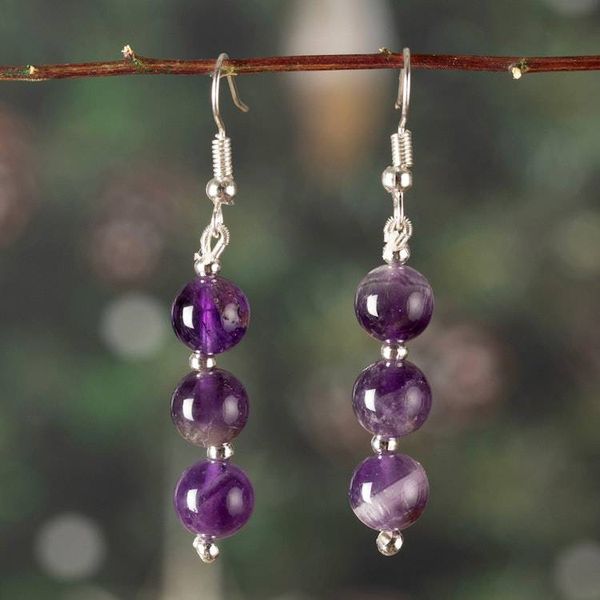 Alternate image for Beaded Dangle Earrings with 6 Round Amethyst Gemstones Purple Zeal