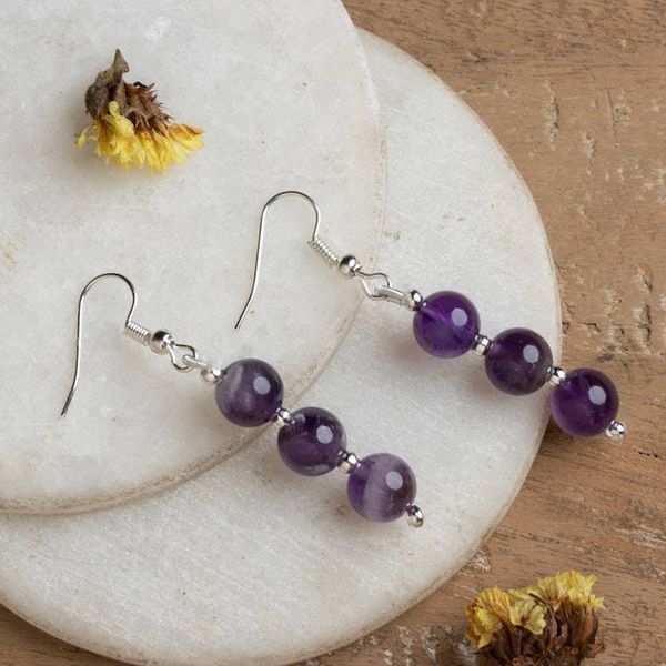 Alternate image for Beaded Dangle Earrings with 6 Round Amethyst Gemstones Purple Zeal