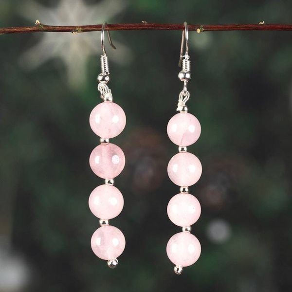 Alternate image for Beaded Dangle Earrings with 8 Round Rose Quartz Stones Blush Glory