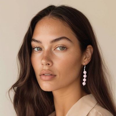 Alternate image for Beaded Dangle Earrings with 8 Round Rose Quartz Stones Blush Glory
