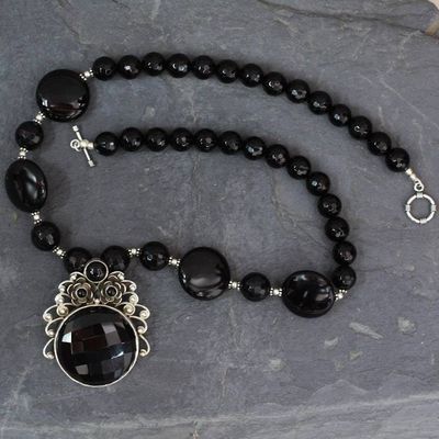 Alternate image for Handcrafted Floral Sterling Silver Pendant Onyx Necklace Mystical Blossom