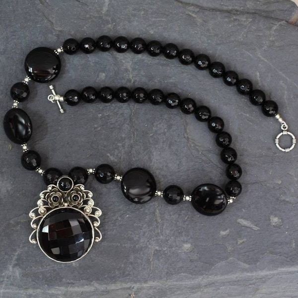 Alternate image for Handcrafted Floral Sterling Silver Pendant Onyx Necklace Mystical Blossom