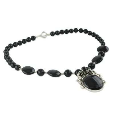 Alternate image for Handcrafted Floral Sterling Silver Pendant Onyx Necklace Mystical Blossom