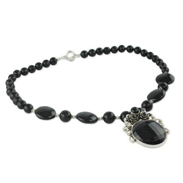 Alternate image for Handcrafted Floral Sterling Silver Pendant Onyx Necklace Mystical Blossom
