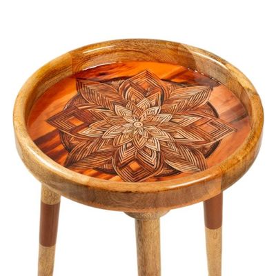 Alternate image for Resin-Coated Mango Wood Accent Table with a Floral Motif Royal Bloom