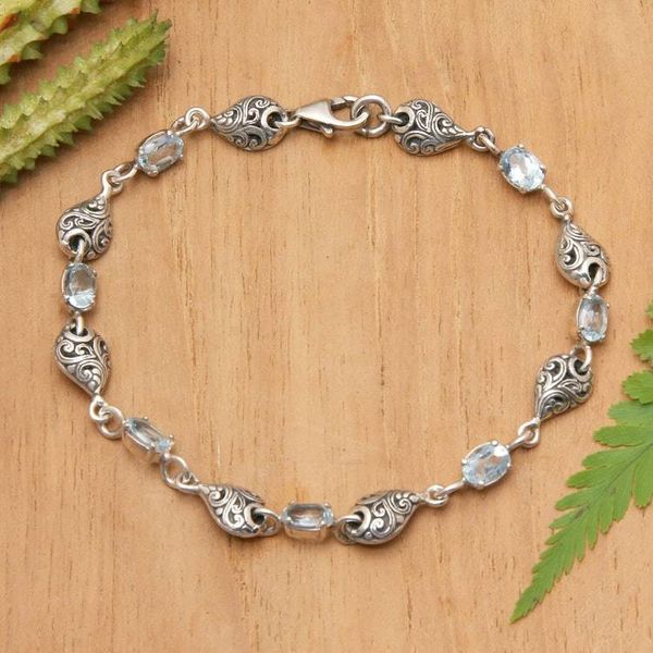 Alternate image for Balinese Sterling Silver Link Bracelet with Blue Topaz Gems Glorious Elegance