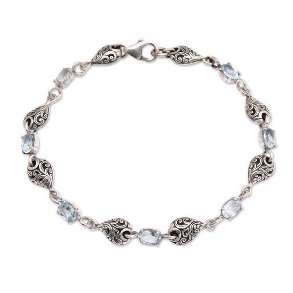 Alternate image for Balinese Sterling Silver Link Bracelet with Blue Topaz Gems Glorious Elegance