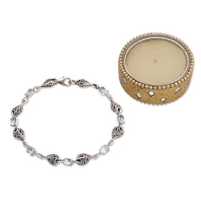 Alternate image for Balinese Sterling Silver Link Bracelet with Blue Topaz Gems Glorious Elegance