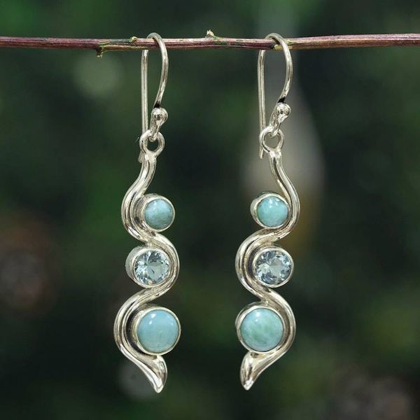 Alternate image for Avant-Garde Polished 1-Carat Larimar and Blue Topaz Earrings Swirling Heaven