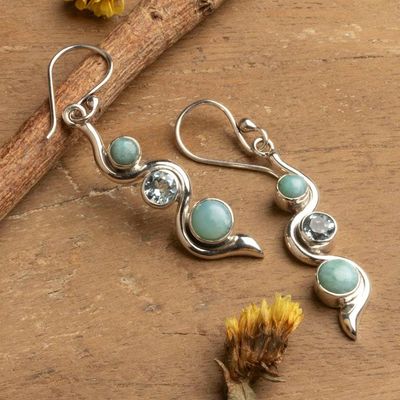 Alternate image for Avant-Garde Polished 1-Carat Larimar and Blue Topaz Earrings Swirling Heaven