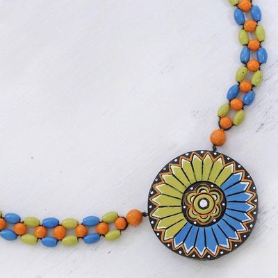 Alternate image for Floral Mandala on Hand Painted Ceramic Beaded Necklace Everlasting Mandala