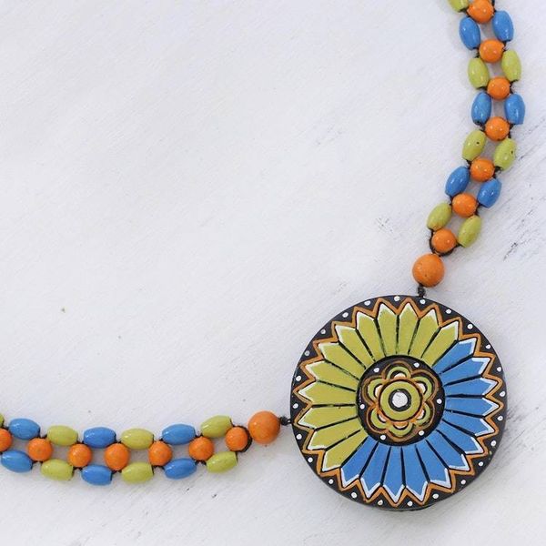 Alternate image for Floral Mandala on Hand Painted Ceramic Beaded Necklace Everlasting Mandala