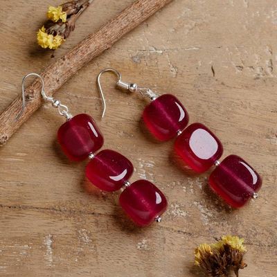 Alternate image for Geometric Dangle Earrings with 6 Red Onyx Rounded Cubes Red Aura