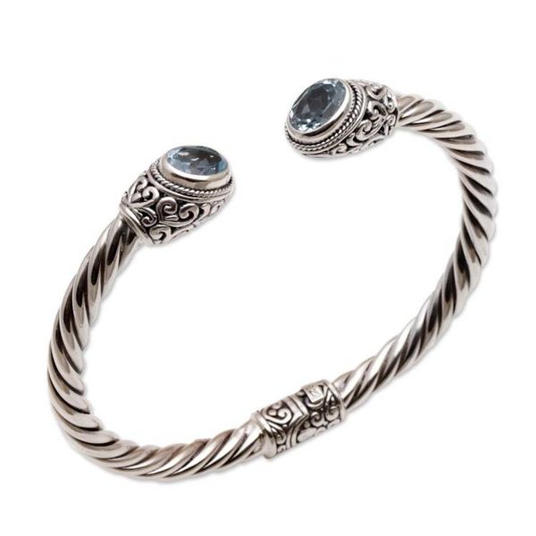 Alternate image for Blue Topaz on Sterling Silver Hinged Cuff Bracelet Bali Splendor
