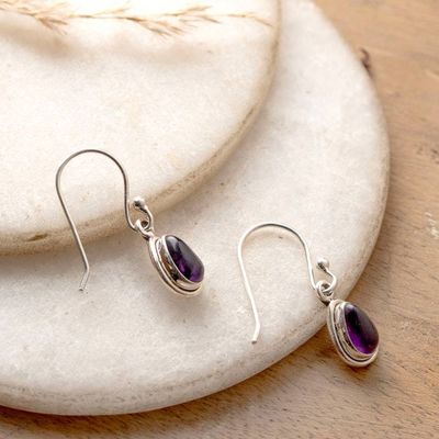 Alternate image for Drop-Shaped Sterling Silver and Amethyst Dangle Earrings Purple Drop