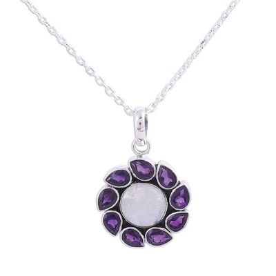 Alternate image for Amethyst and Rainbow Moonstone Pendant Necklace from India Floral Windmill