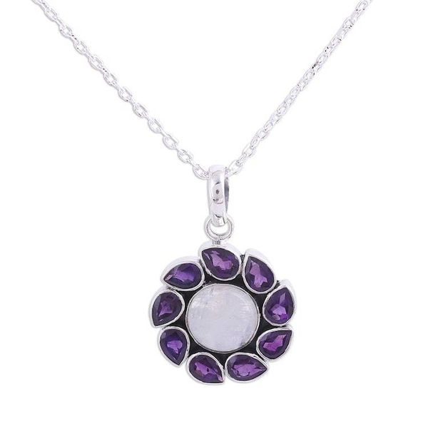 Alternate image for Amethyst and Rainbow Moonstone Pendant Necklace from India Floral Windmill