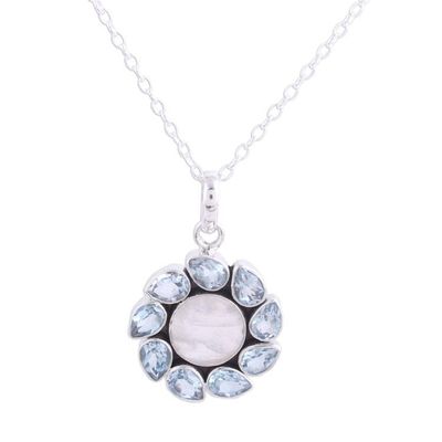 Alternate image for Blue Topaz and Rainbow Moonstone Pendant Necklace from India Floral Windmill