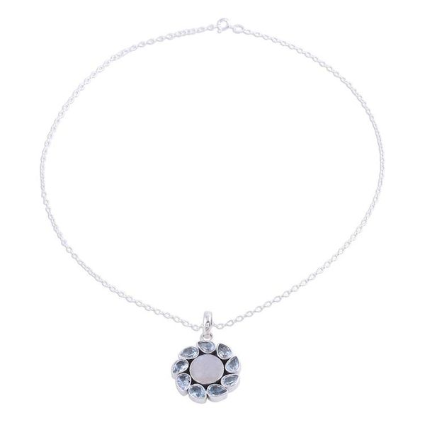 Alternate image for Blue Topaz and Rainbow Moonstone Pendant Necklace from India Floral Windmill