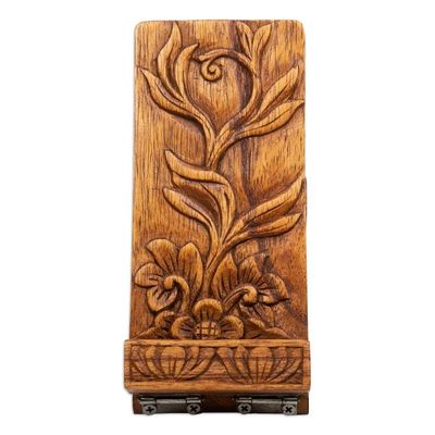 Alternate image for Nature-Inspired Leafy Hand-Carved Jempinis Wood Phone Stand Thriving Flower
