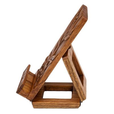Alternate image for Nature-Inspired Leafy Hand-Carved Jempinis Wood Phone Stand Thriving Flower
