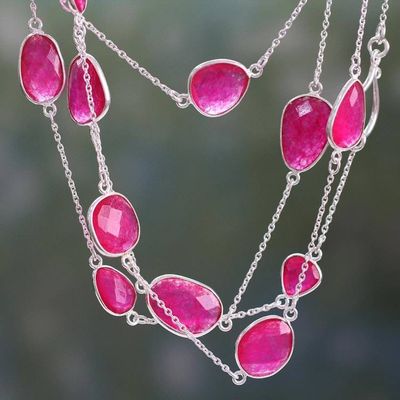 Primary image for Long Sterling Silver and Pink Quartz Station Necklace Pink Duduma Majesty