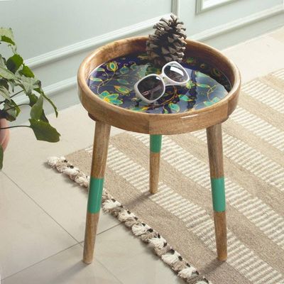 Alternate image for Floral Leaf-Themed Wood Accent Side Table with Resin Coating Floral Prism