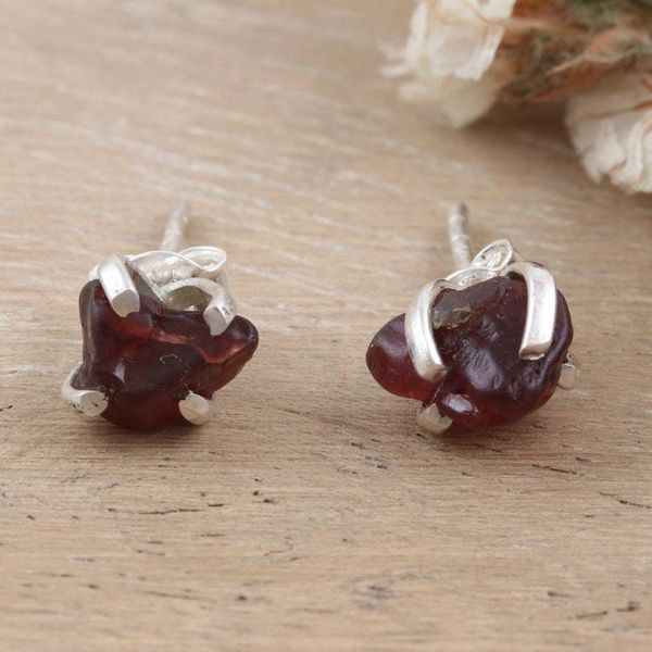 Alternate image for Sterling Silver Stud Earrings with Natural Garnet Gemstones Perseverance Core