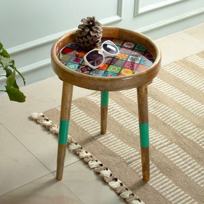 Primary image for Wood Accent Side Table with Resin Coat and Mosaic Motifs Universal Tiles