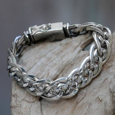 Alternate image for Artisan Crafted Chunky Sterling Silver Mens Bracelet Bali Duo