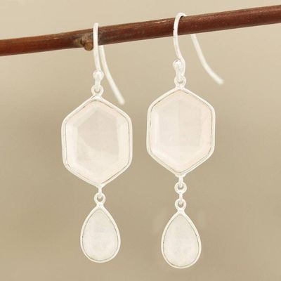 Alternate image for Hexagonal Rose Quartz and Rainbow Moonstone Dangle Earrings Gleaming Hexes