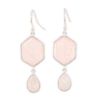 Alternate image for Hexagonal Rose Quartz and Rainbow Moonstone Dangle Earrings Gleaming Hexes