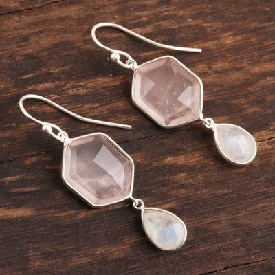 Alternate image for Hexagonal Rose Quartz and Rainbow Moonstone Dangle Earrings Gleaming Hexes